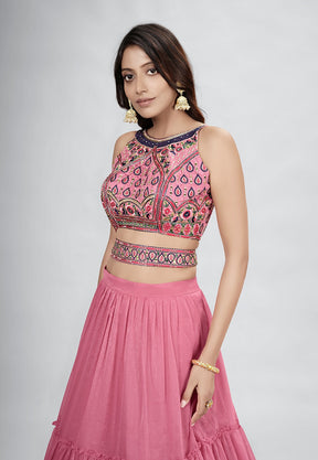Chiffon Embroidered Tiered Lehenga in Pink