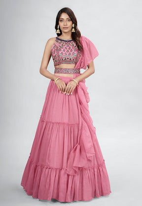 Chiffon Embroidered Tiered Lehenga in Pink