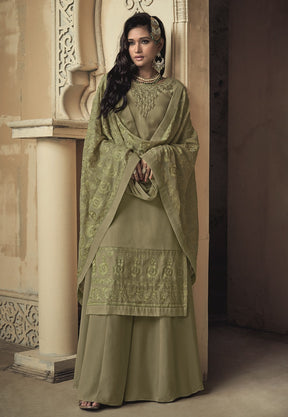 Embroidered Georgette Pakistani Suit in Olive Green