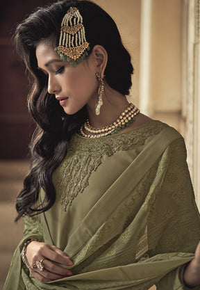 Embroidered Georgette Pakistani Suit in Olive Green