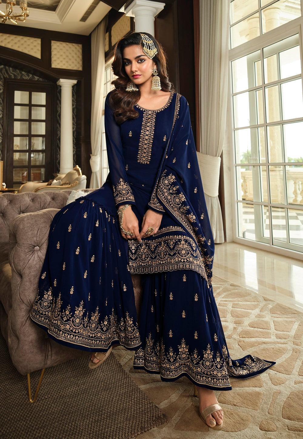 Georgette Embroidered Pakistani Suit in Navy Blue