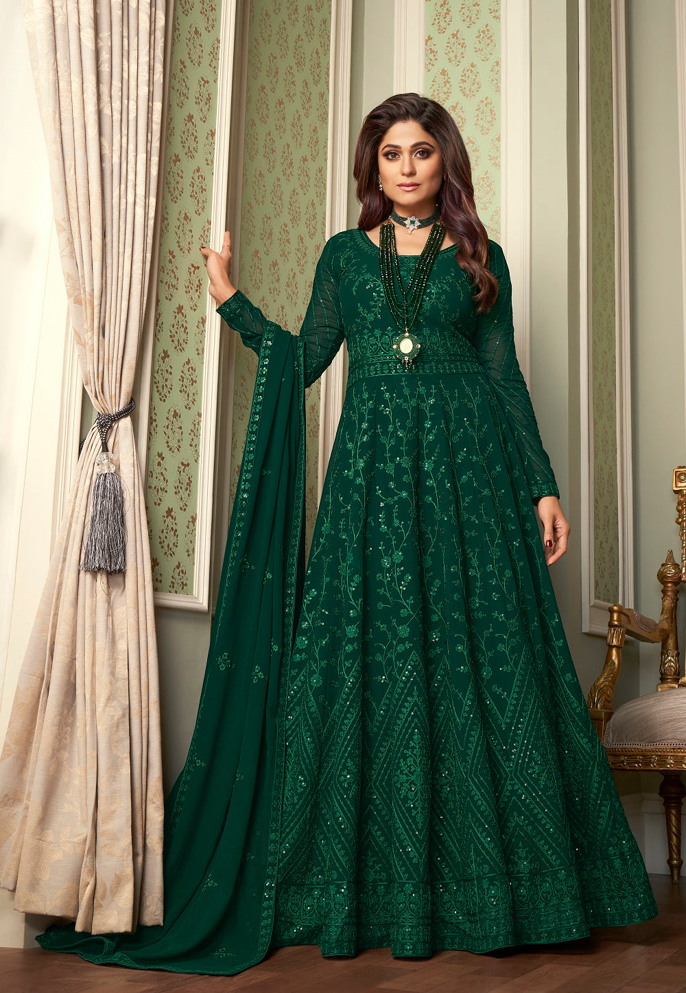 Embroidered Pure Georgette Abaya Style Suit in Green