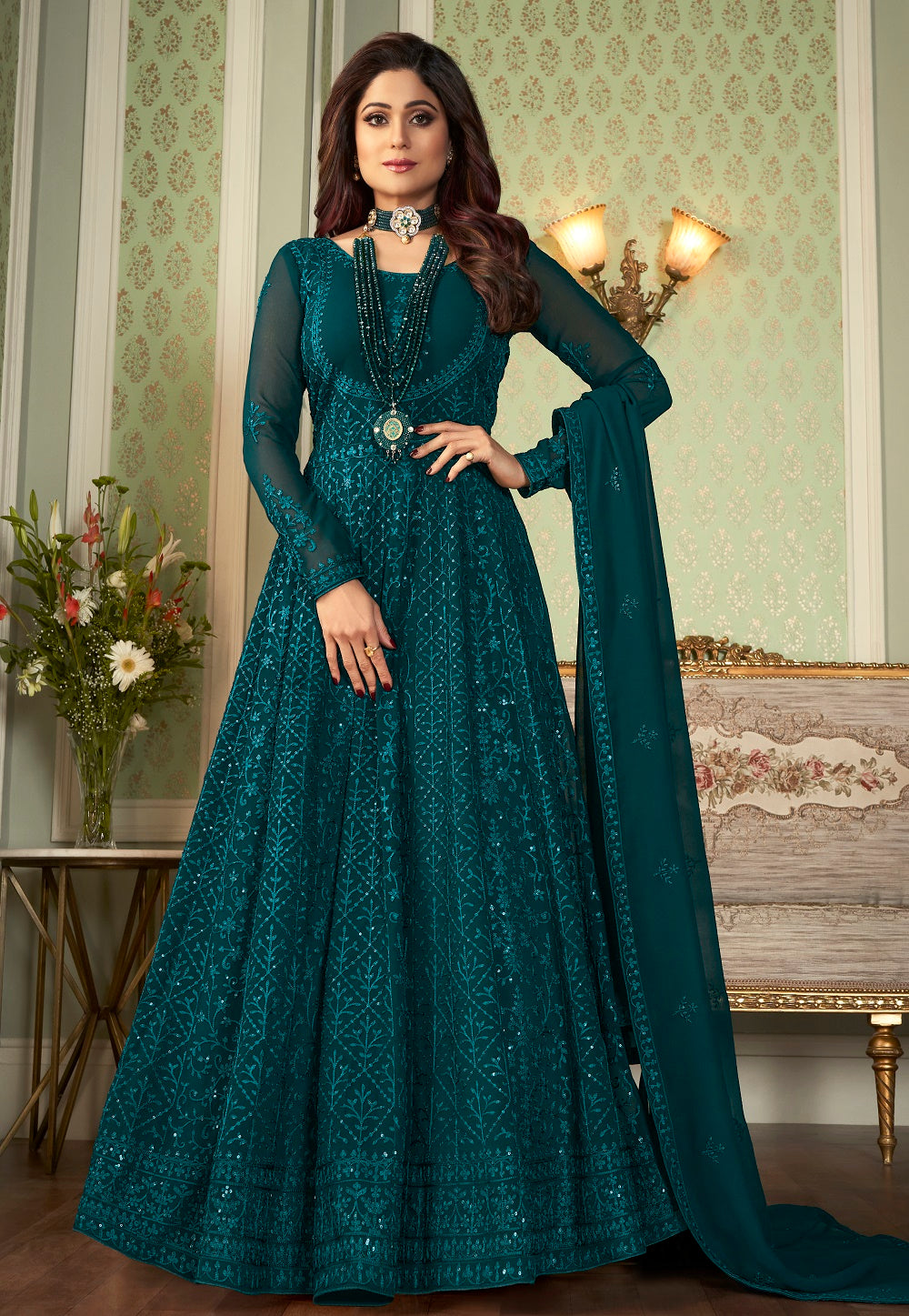 Embroidered Pure Georgette Abaya Style Suit in Teal Blue