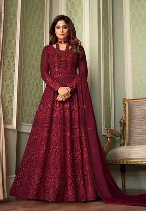 Embroidered Pure Georgette Abaya Style Suit in Maroon