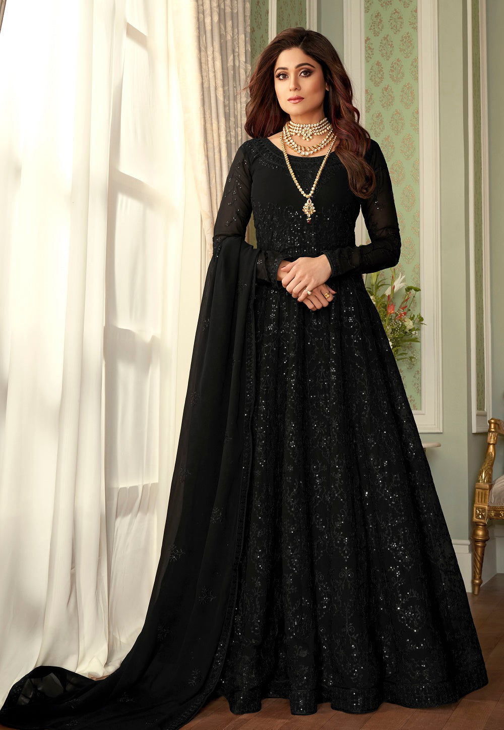 Embroidered Pure Georgette Abaya Style Suit in Black