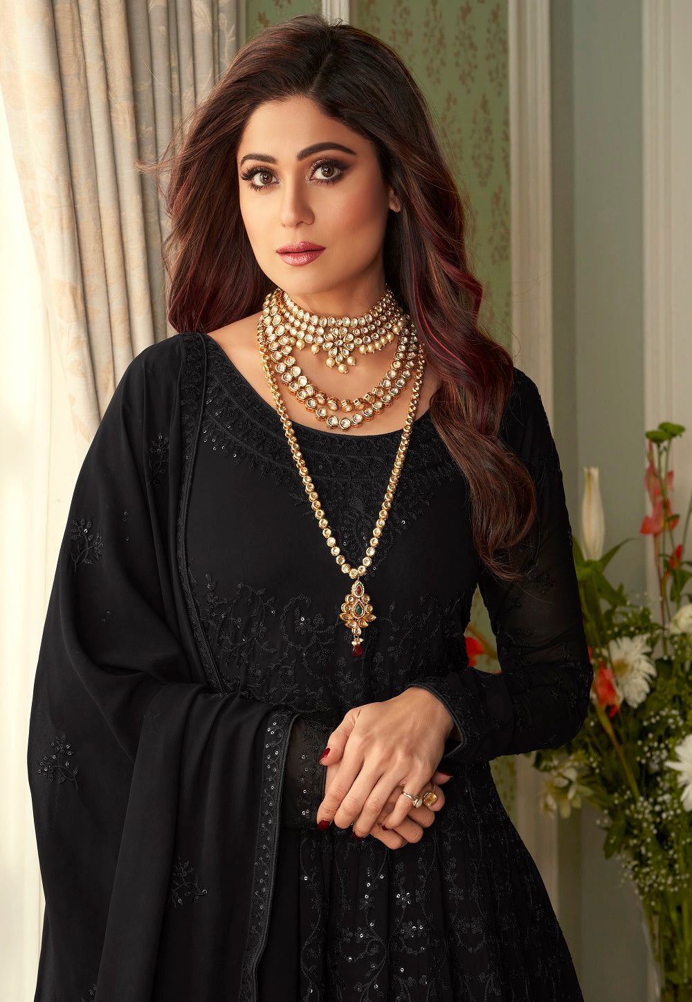 Embroidered Pure Georgette Abaya Style Suit in Black