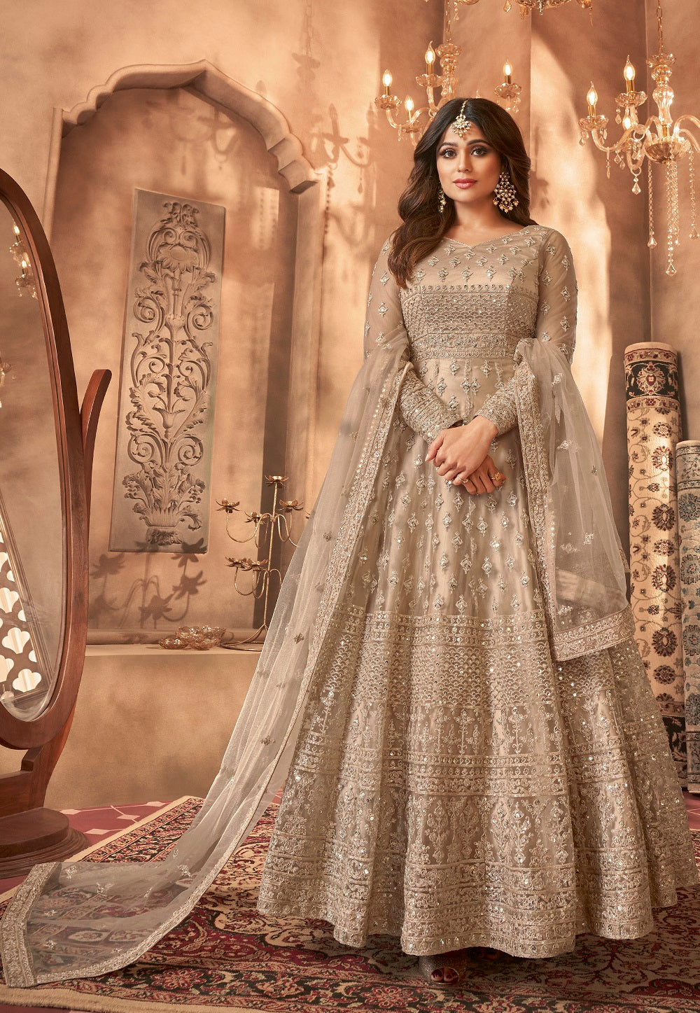 Net Embroidered Abaya Style Suit in Light Fawn