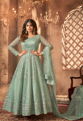 Net Embroidered Abaya Style Suit in Sea Green