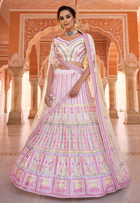 Embroidered Organza Lehenga in Off White and Pink