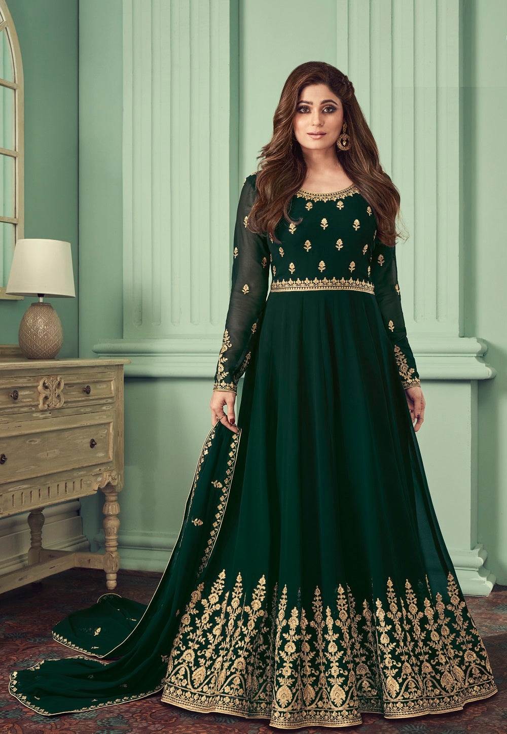 Embroidered Georgette Abaya Style Suit in Green