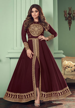 Embroidered Georgette Abaya Style Suit in Wine