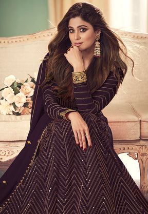 Georgette Abaya Style Embroidered Suit in Purple