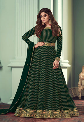 Georgette Abaya Style Embroidered Suit in Green