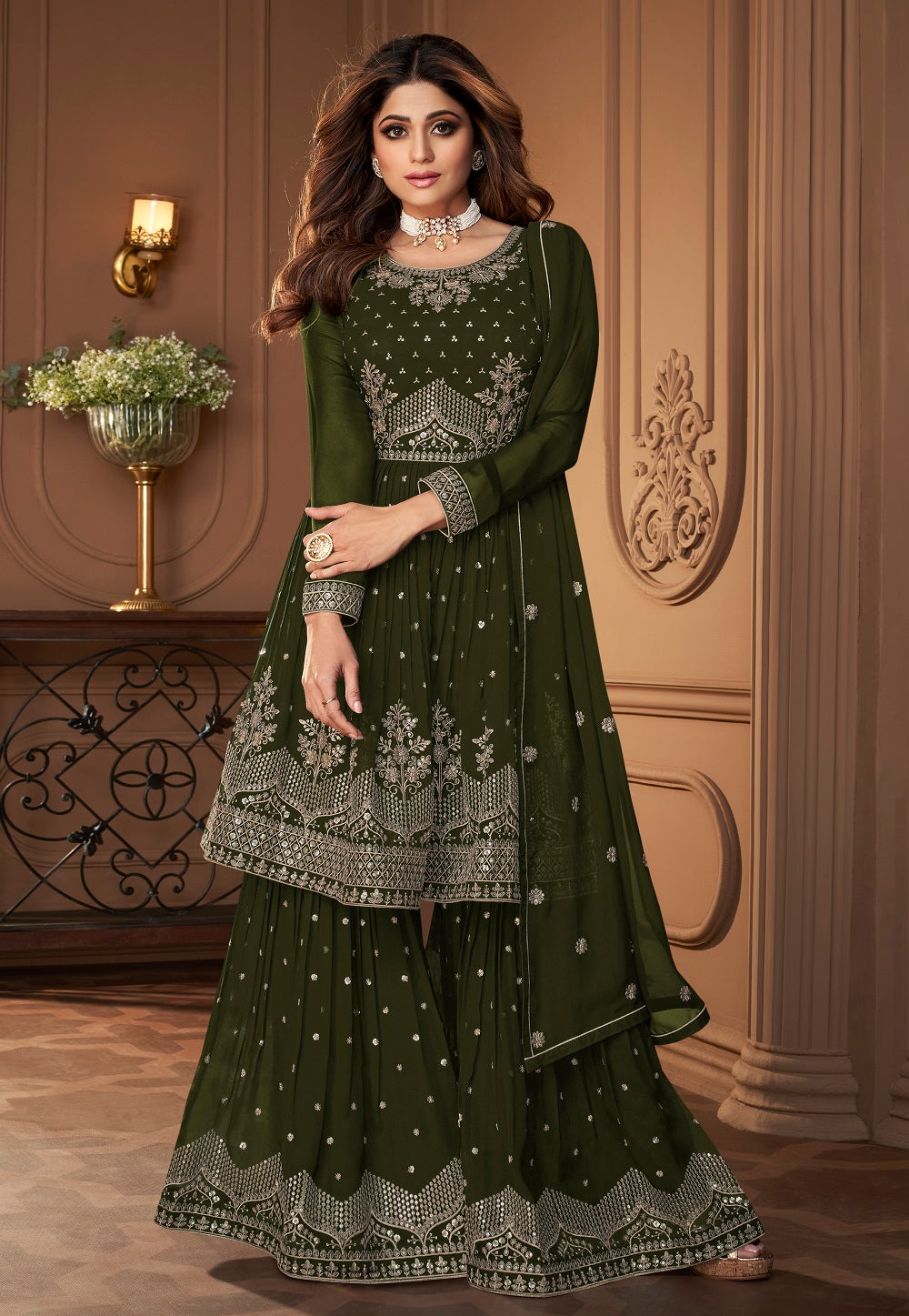 Georgette Embroidered Pakistani Suit in Olive Green