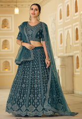 Net Embroidered Lehenga in Teal Blue