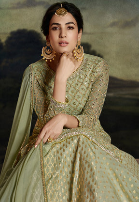 Net Embroidered Pakistani Suit in Dusty Green
