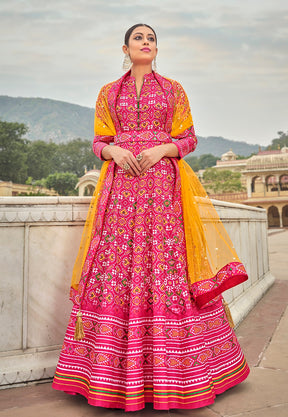 Art Silk Patola Print Flared Gown in Pink