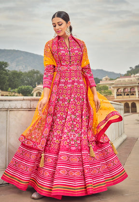Art Silk Patola Print Flared Gown in Pink