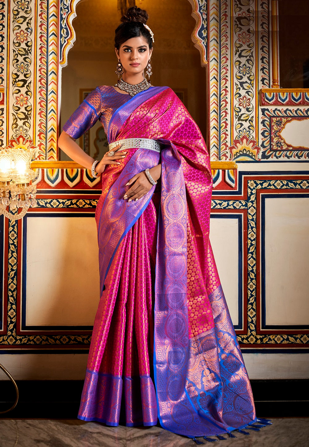 Art Silk Woven Saree in Pink