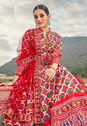 Art Silk Patola Print Flared Gown in Red