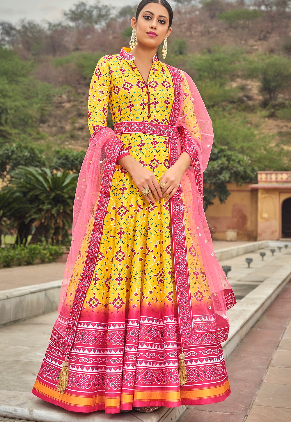 Art Silk Patola Print Flared Gown in Yellow