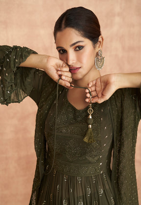 Embroidered Georgette Peplum Style Top Set in Olive Green