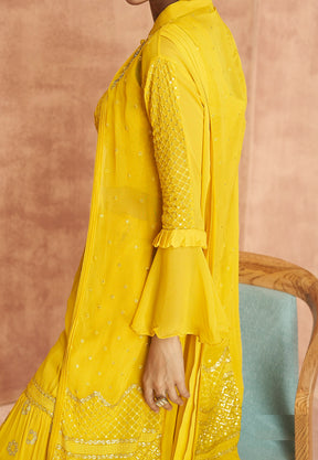 Embroidered Georgette Crop Top Set in Yellow