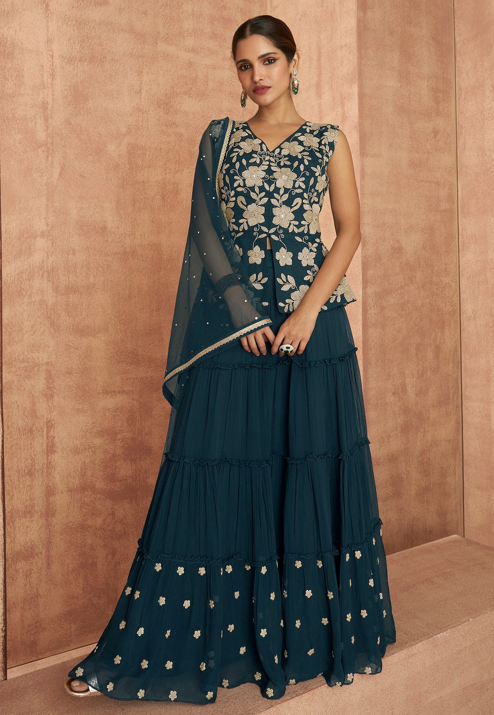 Embroidered Georgette Tiered Lehenga in Teal Blue