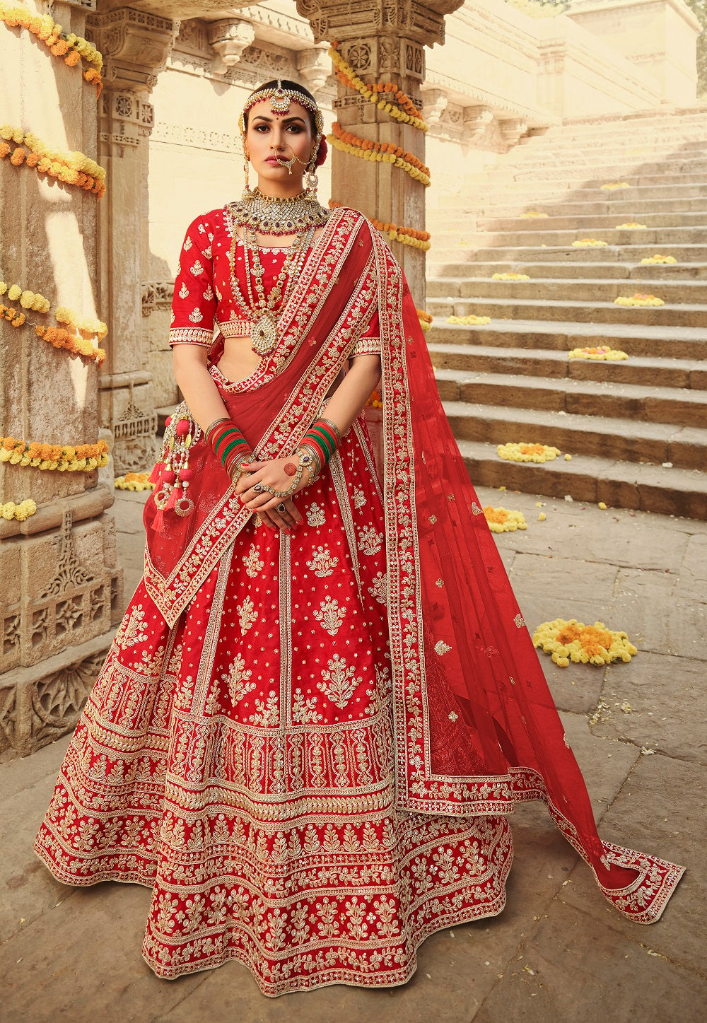 Art Silk Embroidered Lehenga in Red