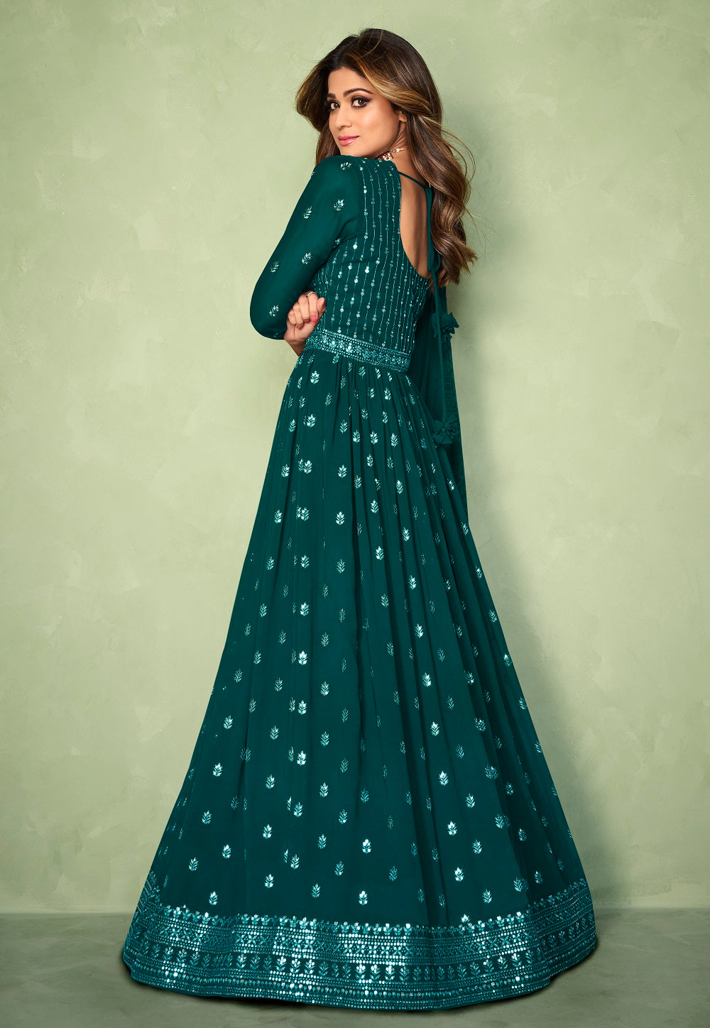 Embroidered Georgette Abaya Style Suit in Peacock Blue