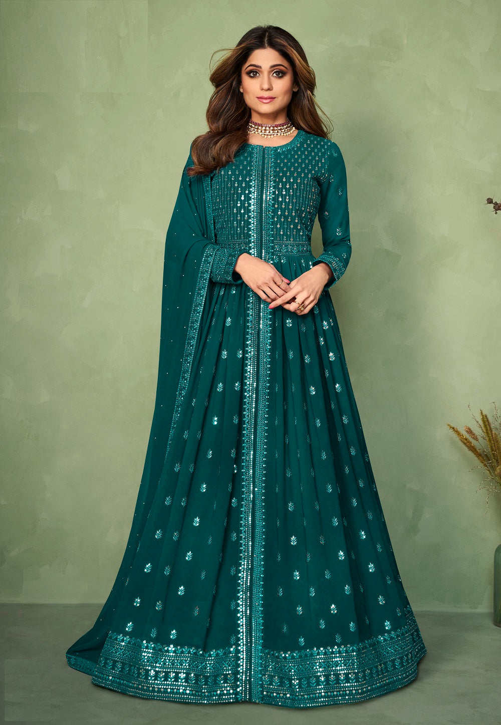 Embroidered Georgette Abaya Style Suit in Peacock Blue