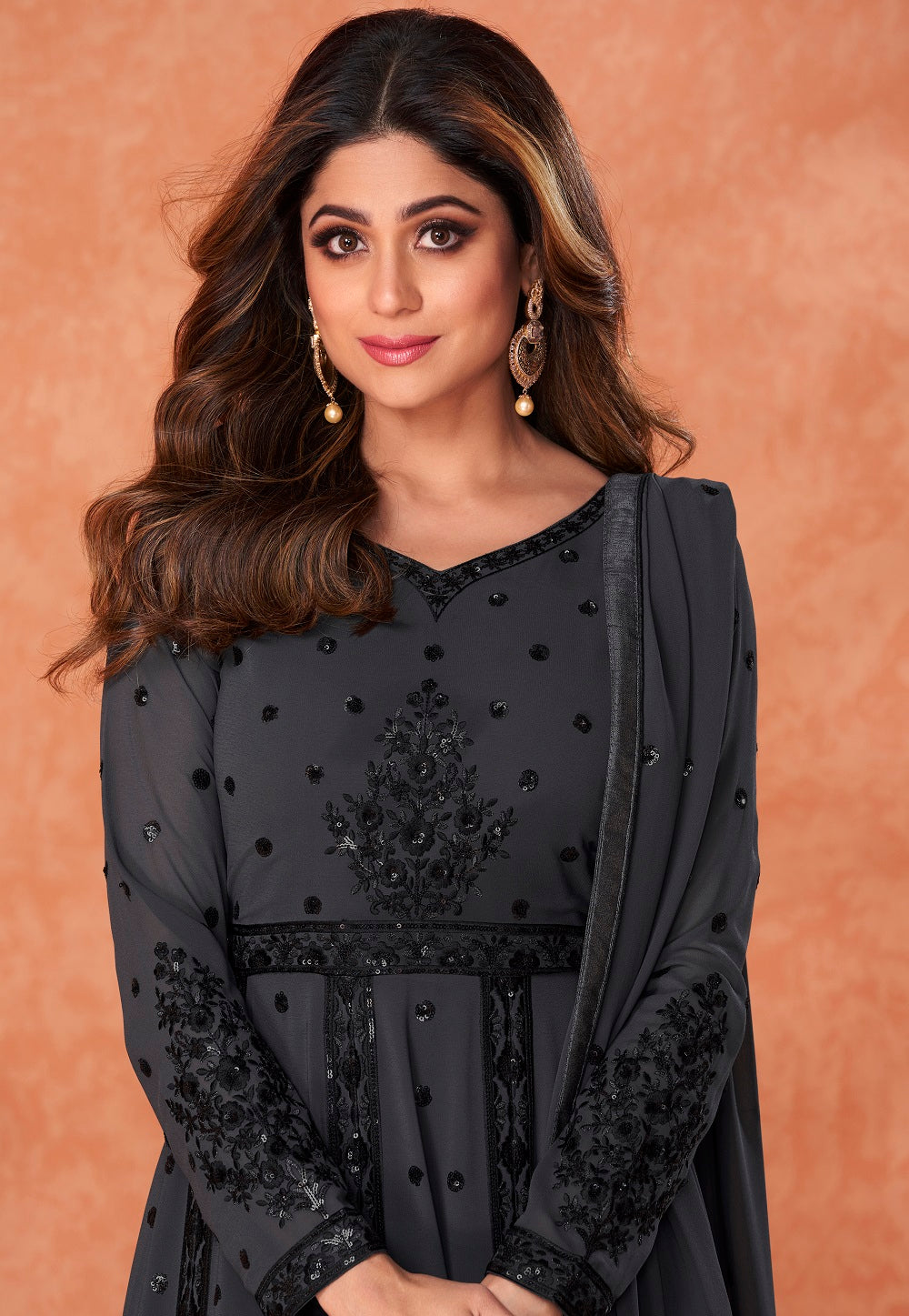 Georgette Abaya Style Embroidered Suit in Black