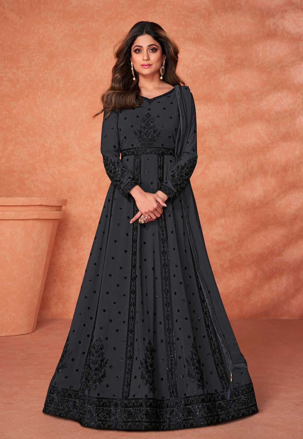 Georgette Abaya Style Embroidered Suit in Black