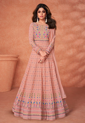 Georgette Abaya Style Embroidered Suit in Peach