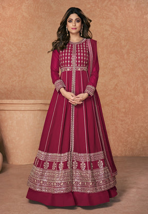 Georgette Abaya Style Embroidered Suit in Pink