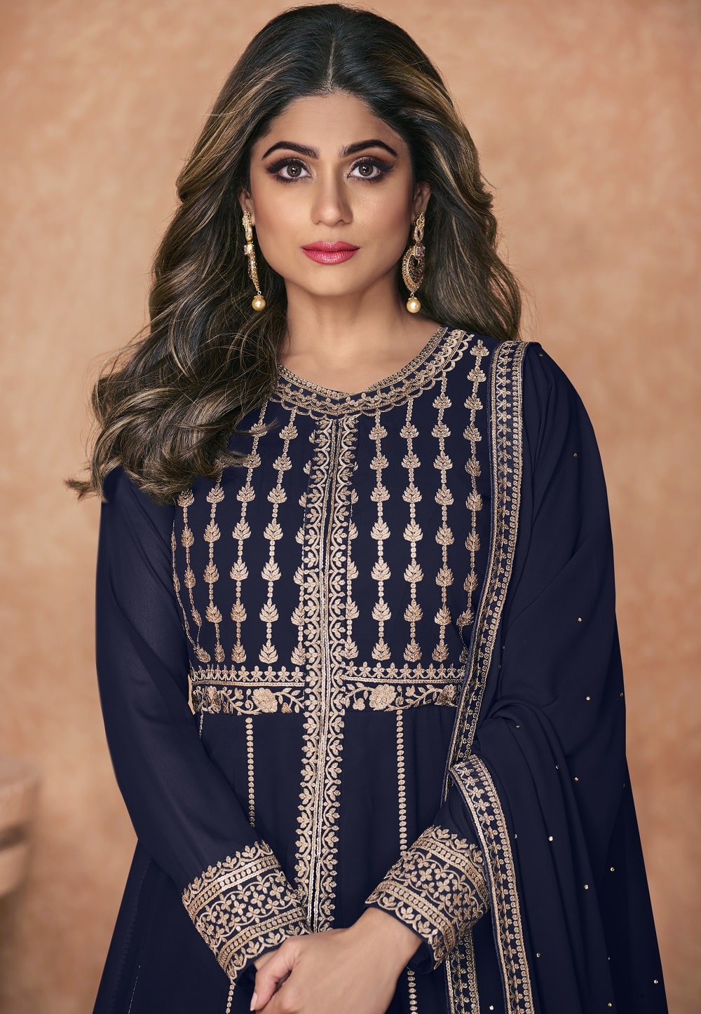 Georgette Abaya Style Embroidered Suit in Navy Blue