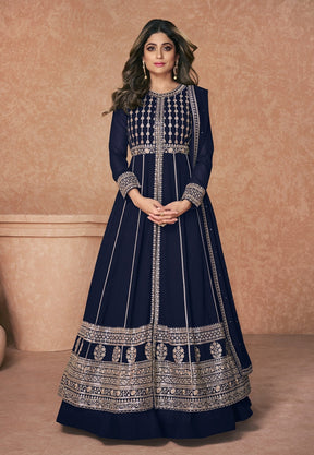 Georgette Abaya Style Embroidered Suit in Navy Blue