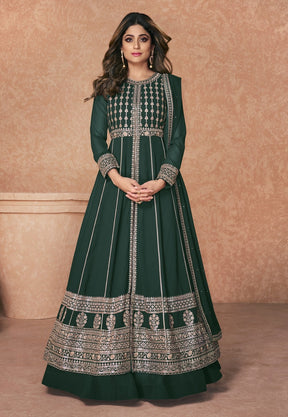 Georgette Abaya Style Embroidered Suit in Green