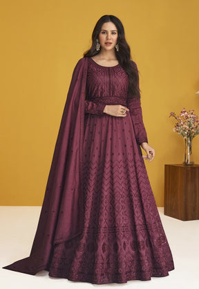 Art Silk Abaya Style Embroidered Suit in Wine