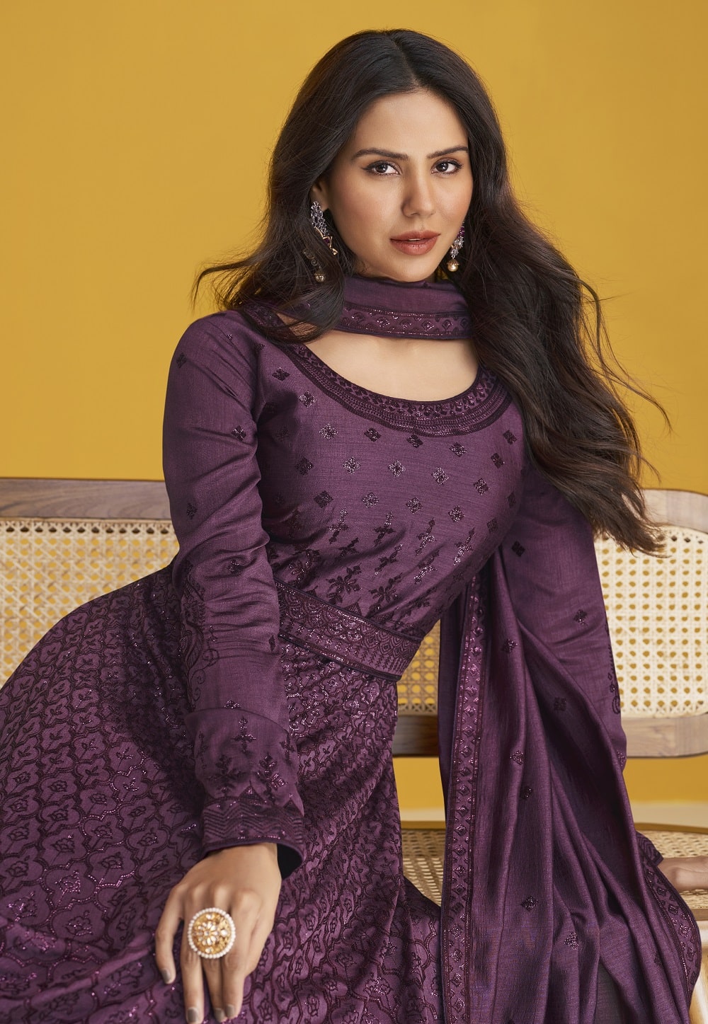 Art Silk Abaya Style Embroidered Suit in Dark Purple