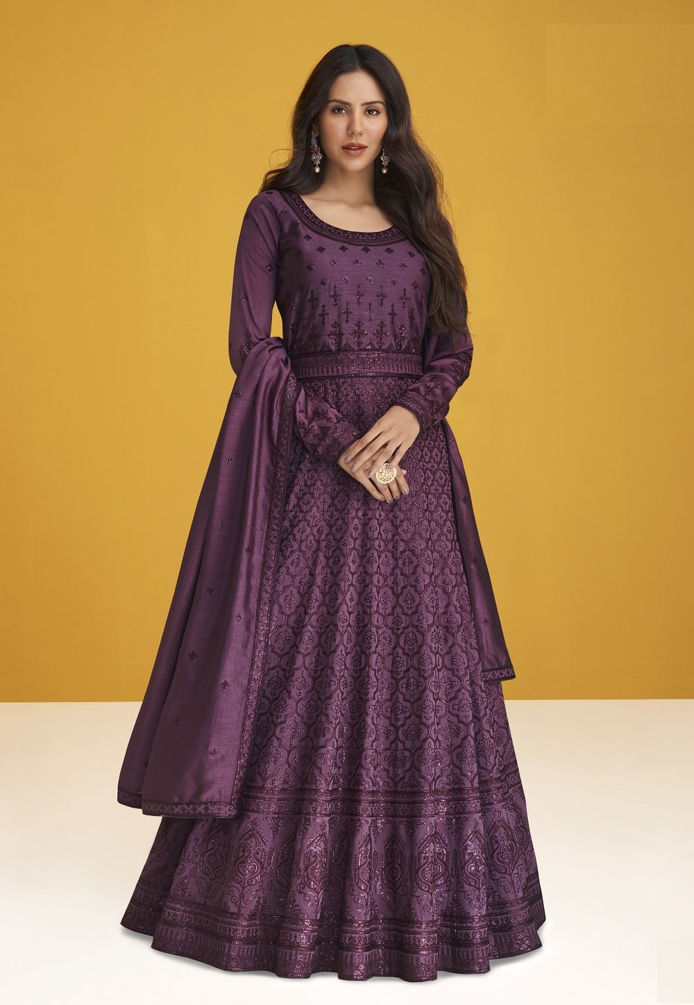 Art Silk Abaya Style Embroidered Suit in Dark Purple