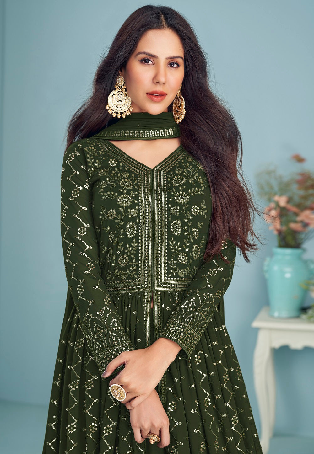 Embroidered Georgette Abaya Style Suit in Olive Green