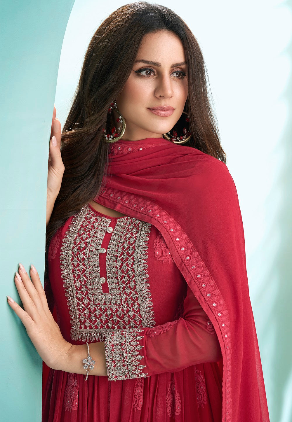 Georgette Abaya Style Suit in Red