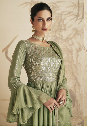 Chinnon Chiffon Embroidered Pakistani Suit in Olive Green