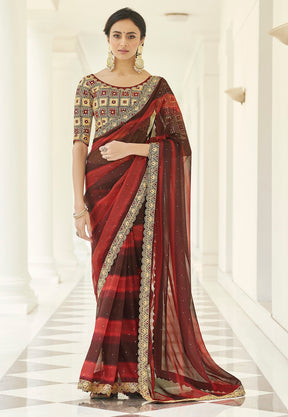 Organza Saree in Red and Brown