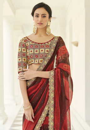 Organza Saree in Red and Brown