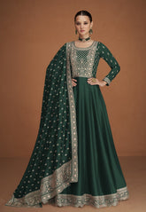 Art Silk Abaya Style Embroidered Suit in Green