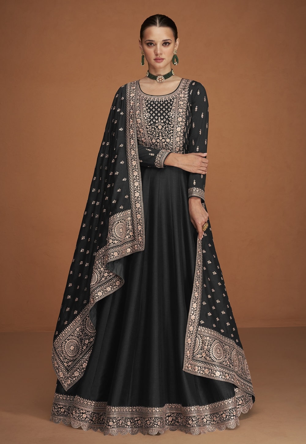 Art Silk Abaya Style Embroidered Suit in Black