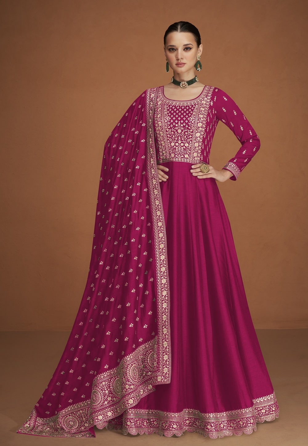 Art Silk Abaya Style Embroidered Suit in Pink