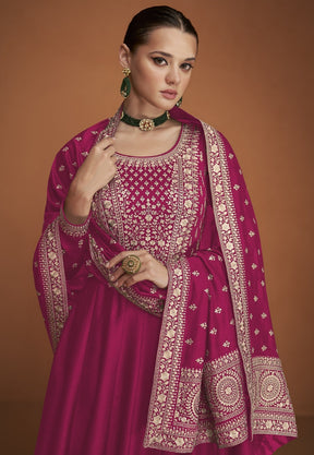 Art Silk Abaya Style Embroidered Suit in Pink